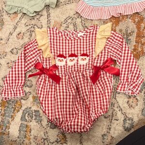 Red Gingham Baby Romper with Santa Embroidery